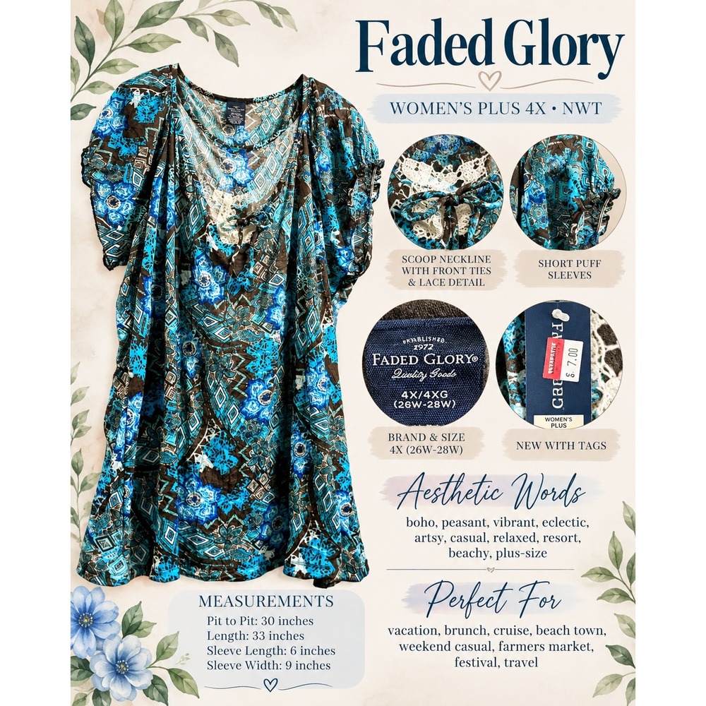 Faded Glory Women Blue Brown Paisley Peasant Top NWT 4X 26W-28W Boho Oversized